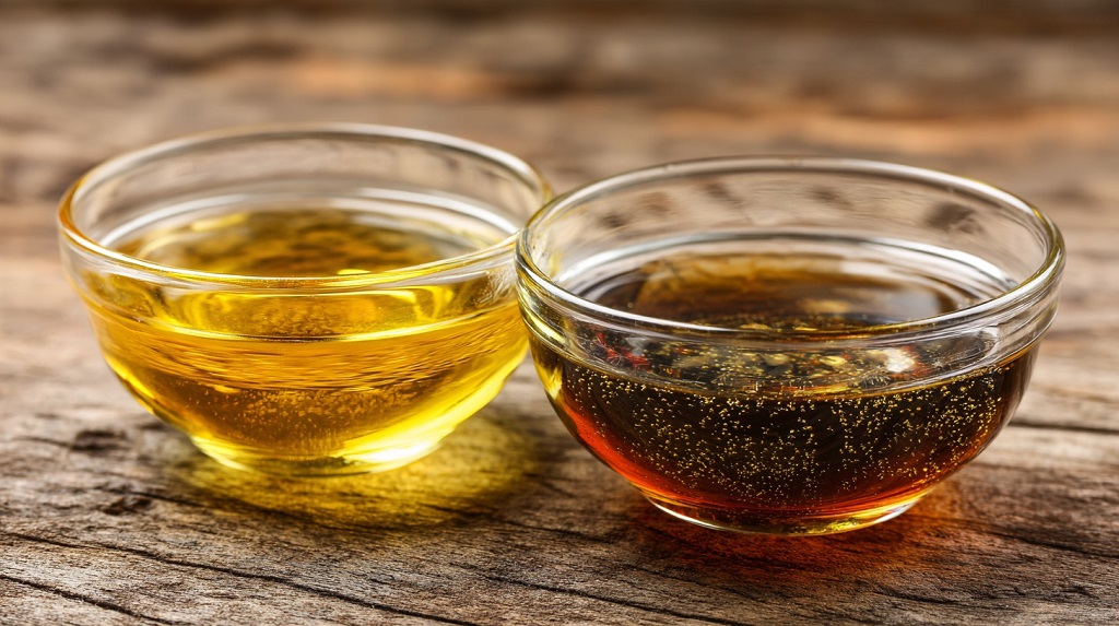 Two glass bowls filled with peanut oil, one light golden and the other darker brown, placed on a wooden surface.