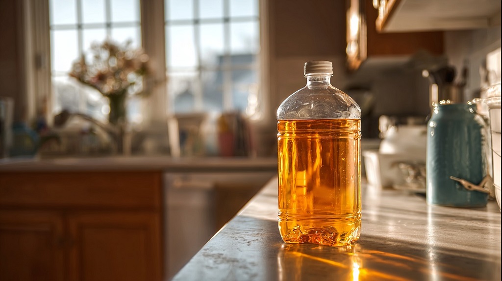 A plastic bottle of peanut oil placed on a kitchen counter with sunlight shining through the liquid