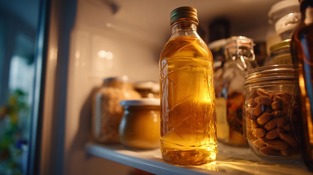 A sealed glass bottle of peanut oil stored inside a refrigerator alongside jars of food