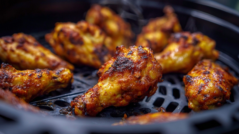 Close-up of Buffalo Wings in an air fryer basket with crisp, browned skin