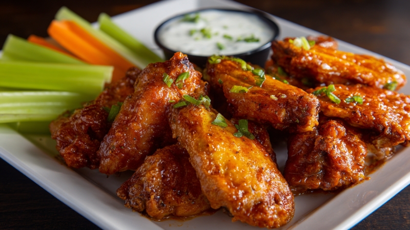 Buffalo wings served on a plate with celery, carrots, and ranch dip
