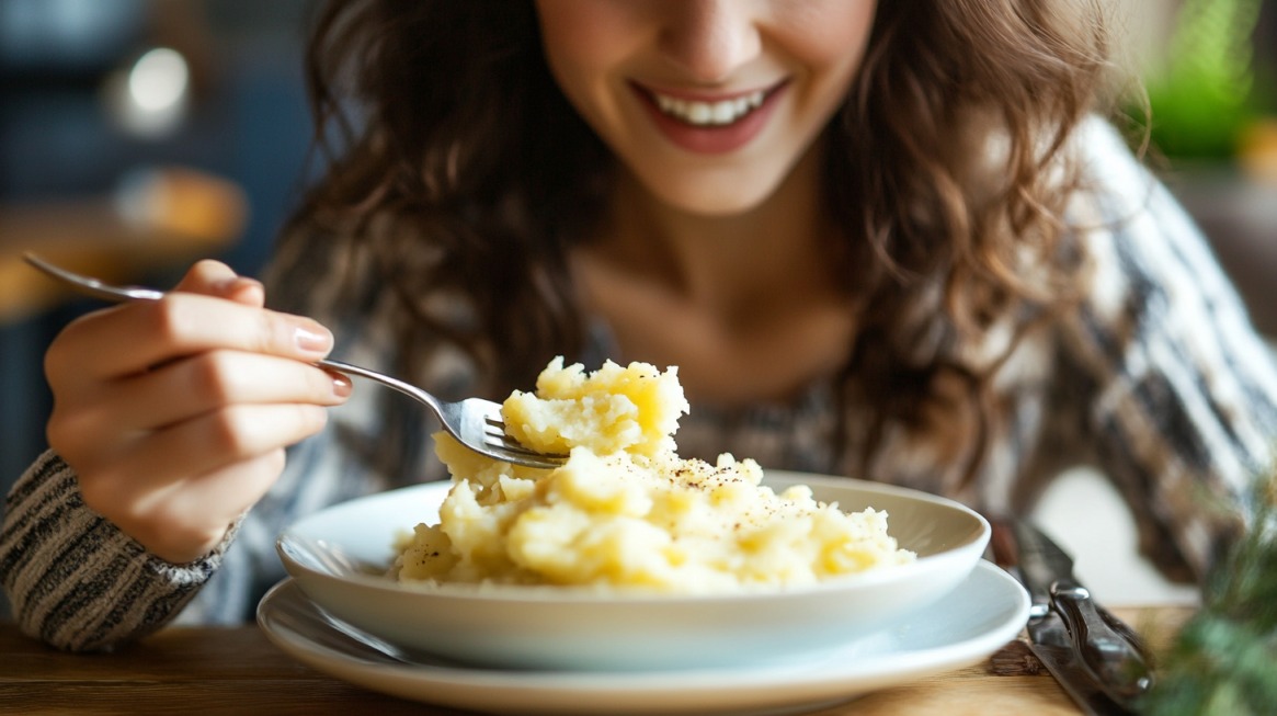 A smiling woman enjoying a plate of mashed potatoes with a fork, seasoned with black pepper