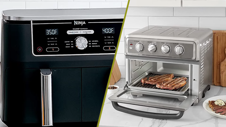 A Comparison of An Air Fryer and An Oven with Their Control Panels Visible and Food Being Cooked in Both