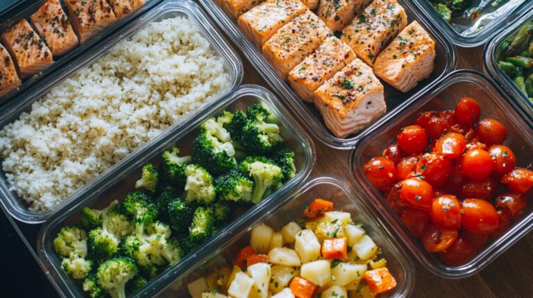 Glass containers filled with meal-prepped salmon, rice, broccoli, roasted vegetables, and cherry tomatoes arranged neatly on a countertop