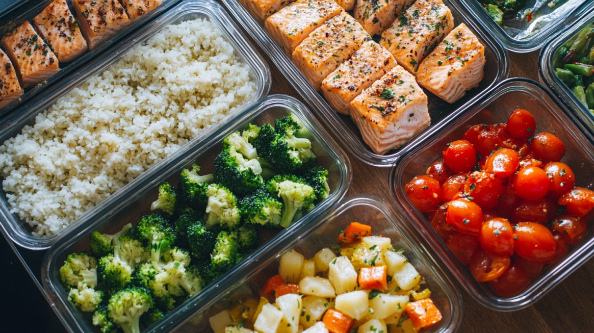 Glass containers filled with meal-prepped salmon, rice, broccoli, roasted vegetables, and cherry tomatoes arranged neatly on a countertop