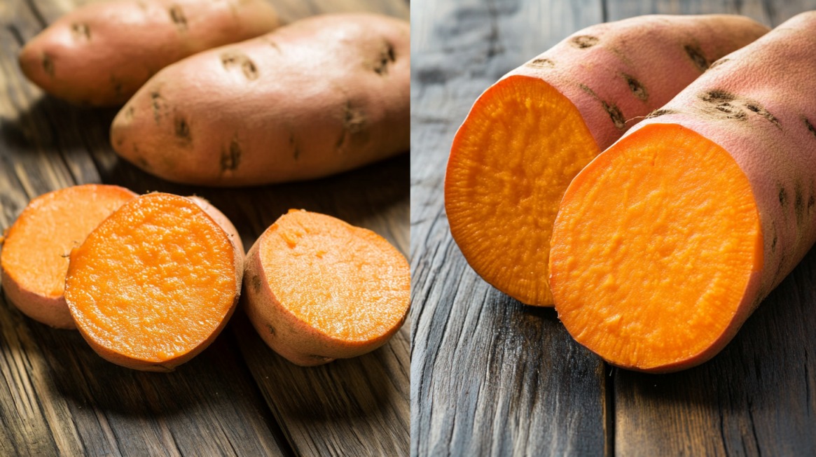 Side-by-side comparison of sweet potatoes and yams, both cut open to reveal their orange flesh, sitting on a rustic wooden surface