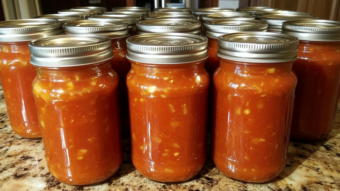 Rows of sealed glass jars filled with homemade tomato sauce, placed on a kitchen counter